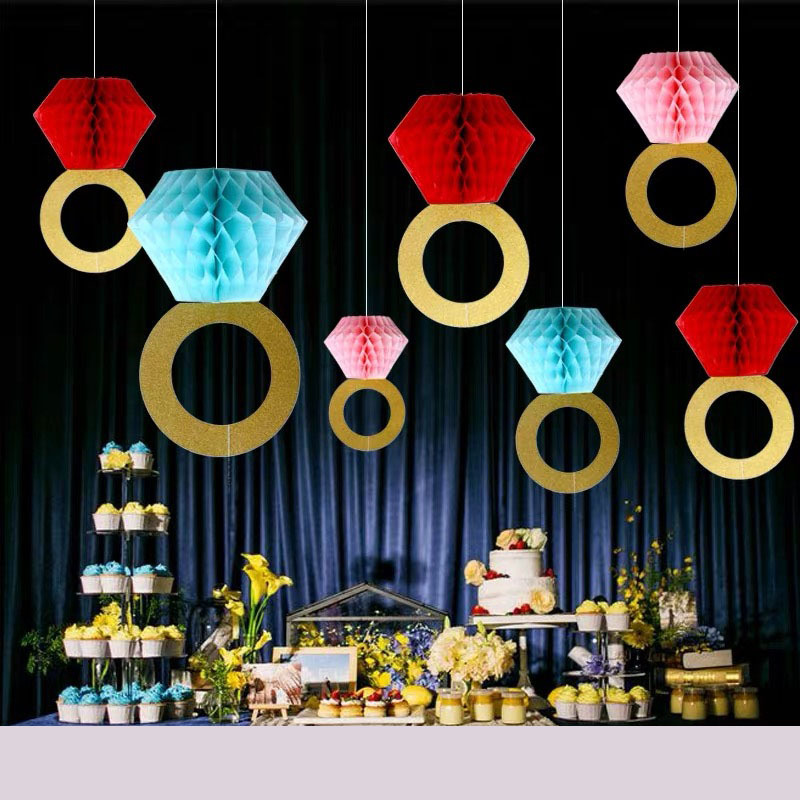 Wedding Venue Layout Rose Gold Diamond Ring Honeycomb Ball Hanging Ornaments Birthday Wedding Party Decoration Ring Hive Paper Ball