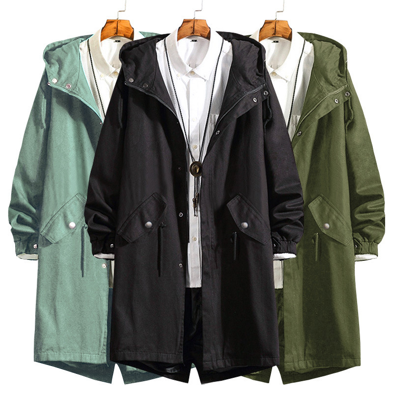 Windbreaker Men's Mid-length Hooded Coat Korean Style Slim-fit Coat New Style Coat Men's Spring and Autumn Handsome Coat