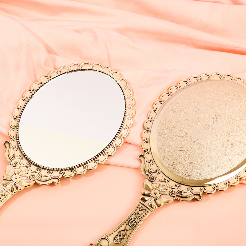 New retro pattern mirror large electroplated rose gold HD handheld cosmetic mirror portable portable lace mirror
