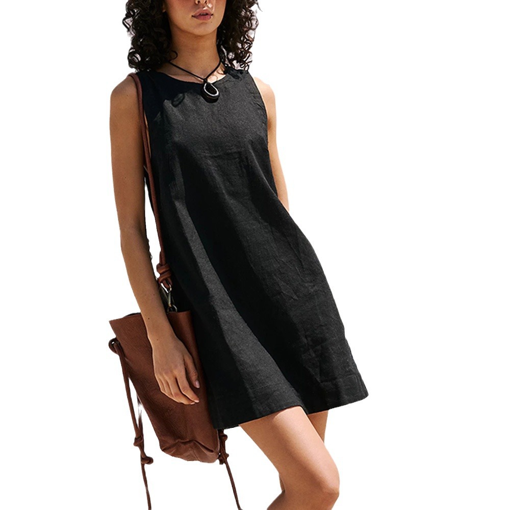 European and American 2024 Summer New Cross-border Amazon Women's Cotton and Linen Vest Backless Solid Color Mini dress Multi-color