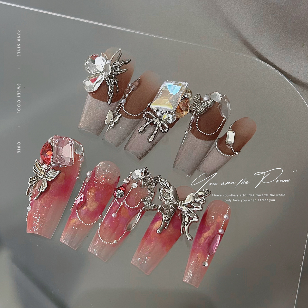 Nail diamond jewelry Net Red Butterfly alloy wings hollow y2g liquid silver mini bow tie nail accessories