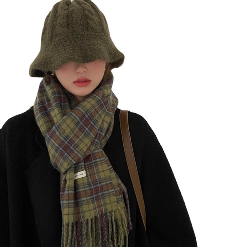 Green Vintage Plaid Scarf Women's All-match Autumn and Winter High-end Personality Warm Shawl Scarf Korean Style New