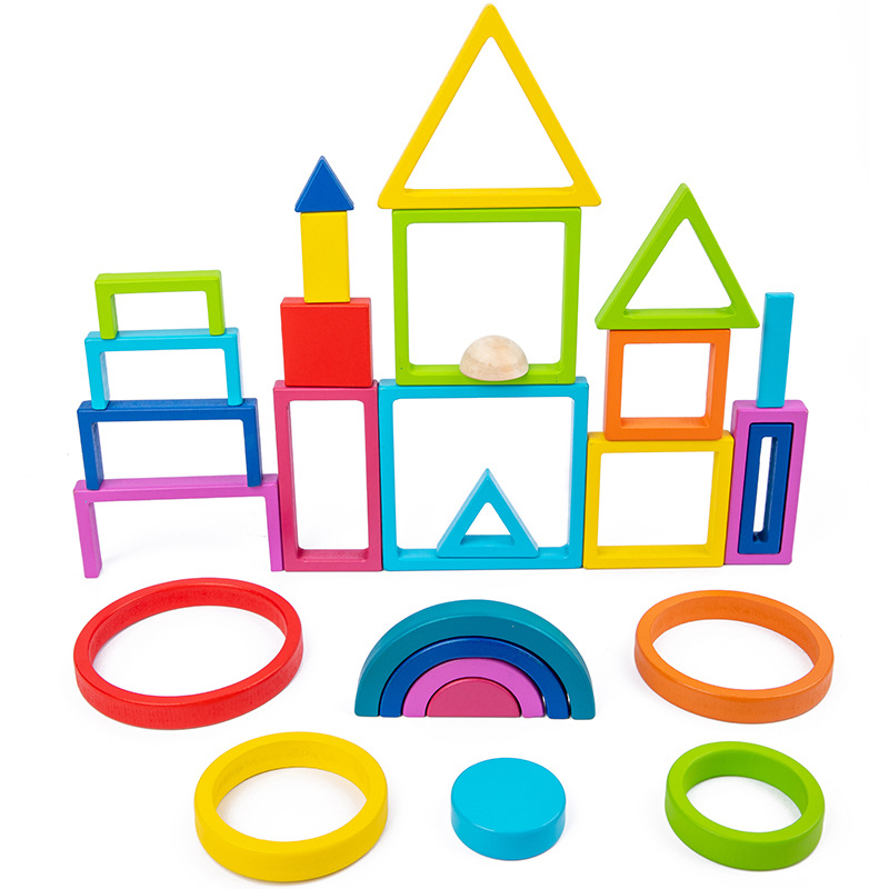 Cross-border New Wooden Box Frame Rainbow Matching Building Blocks Foreign Trade Geometric Stacked Tower Size Wooden Toddler Toddler Toy