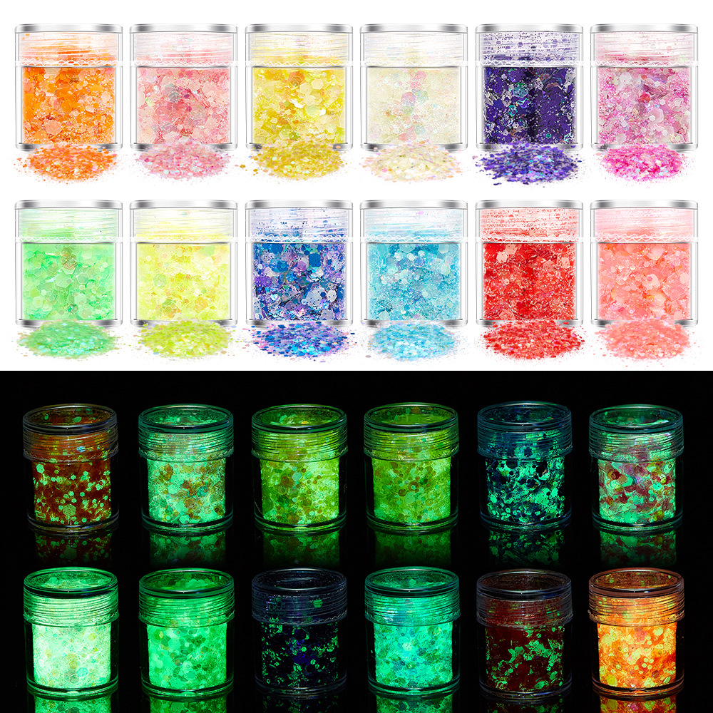Cross-border Explosions Luminous Powder Nail Art Sequins Glitter Powder 24 Color Mixed Luminous Nail Art Nail Polish Glue Nail Sticker Jewelry Drill