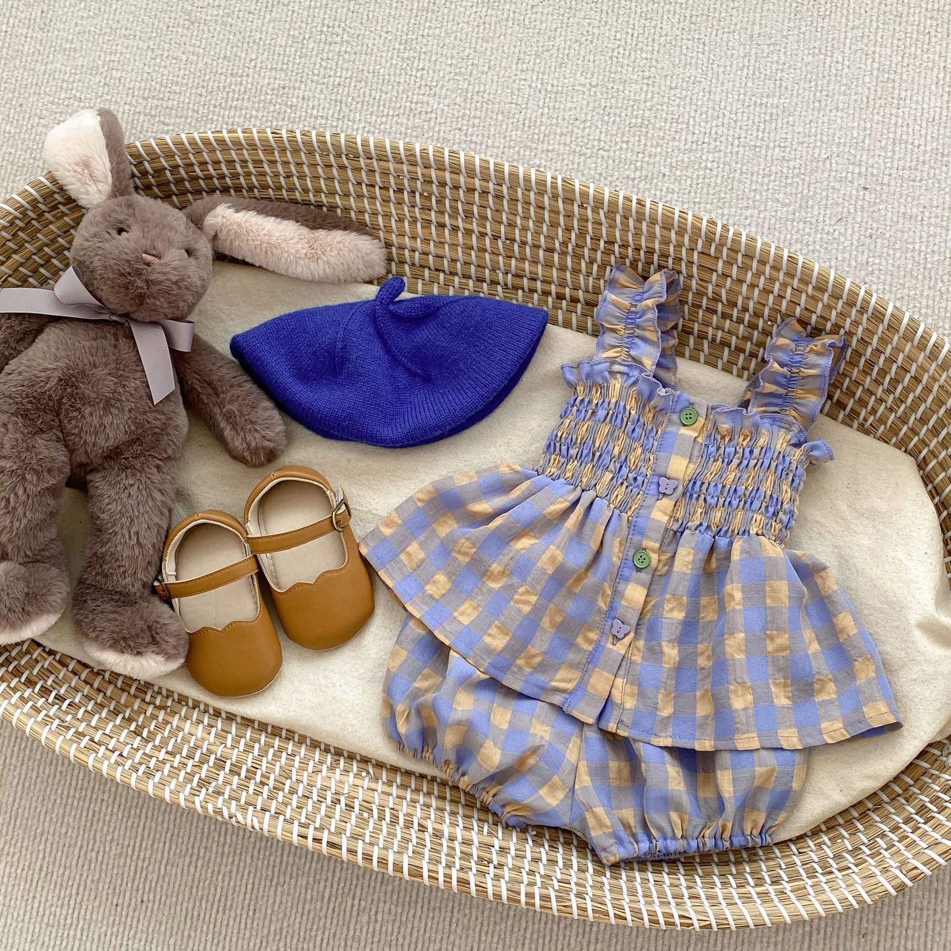 ins Summer Girls' Plaid Suit Western Style Sleeveless Doll Shirt + Bud Shorts Two-Piece Women's Western Style Clothes