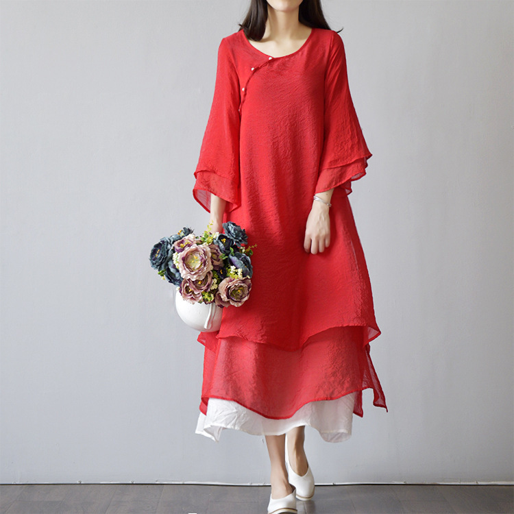 Original Women's Clothing Cotton and Linen Artistic Double Layer Dress Retro Mori Girl Zen Modified Hanfu Long Dress Summer Dress