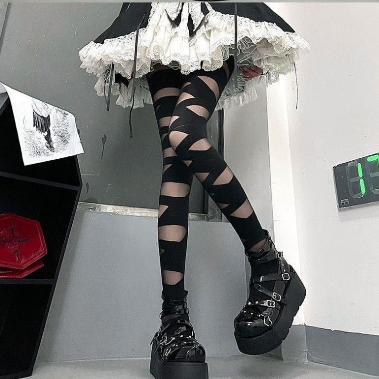 Y2g Asian culture hot girl black and white bandage long over-the-knee stockings women's lace-up pile Lolita socks thin