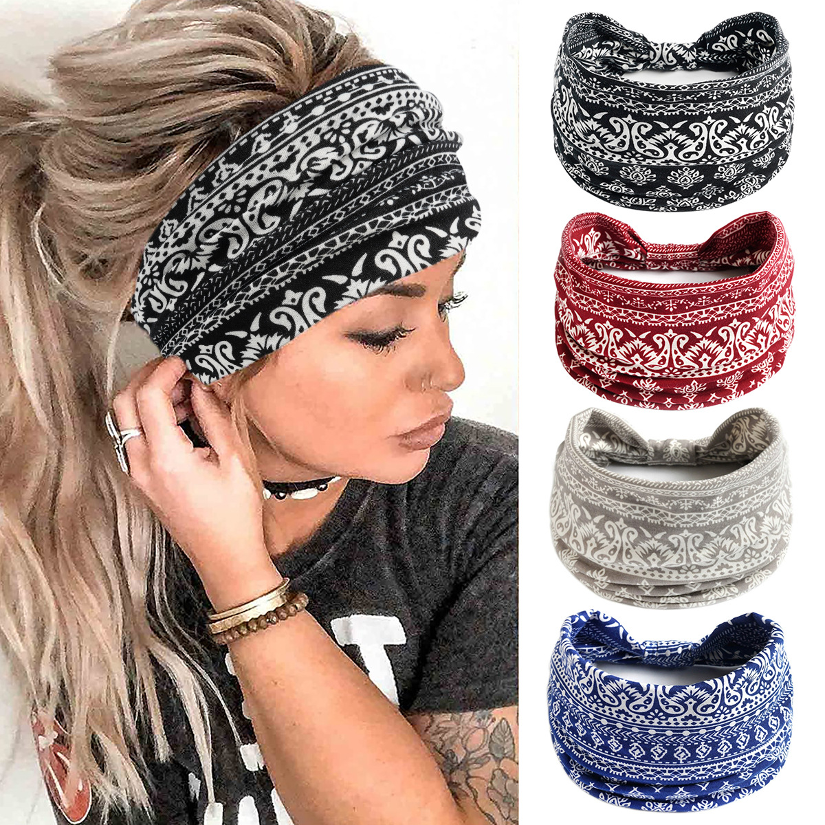 Azi Cat European and American Bohemian Wide Yoga Sports Hair Band Elastic Antiperspirant Cashew Printed Running Headband