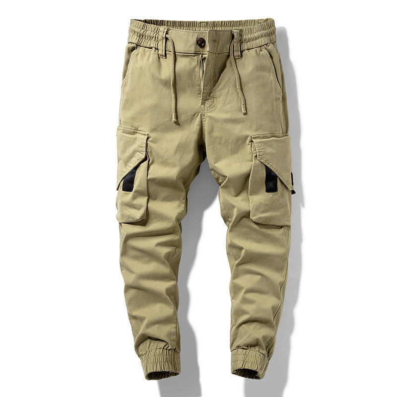 Cross-border casual pants men's spring and autumn cotton loose straight multi-pocket overalls men's trousers youth ankle-tied pants men
