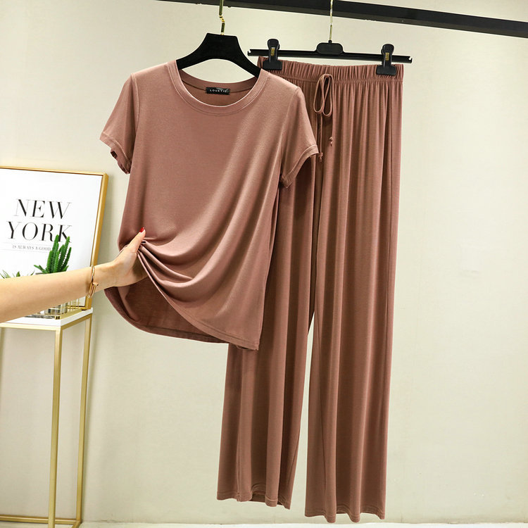 Short-sleeved Modal Cotton Pajamas Women's Summer Thin Middle-aged Casual Wide-leg Pants Loose Home Clothes Two-piece Suit