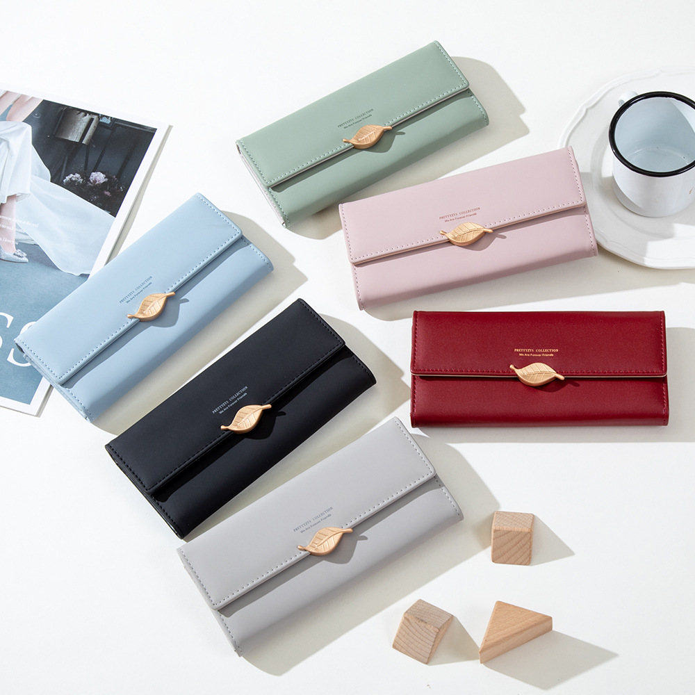 Cross-border foreign trade wallet women's long Japanese and Korean PU leather small fresh leaf buckle simple all-match women's clutch card holder