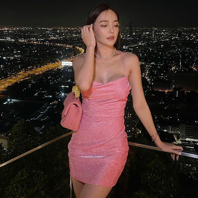 JY22286 Knitted Backless Sling dress 2024 Summer European and American Women's Fashion Sexy Short Hip Skirt