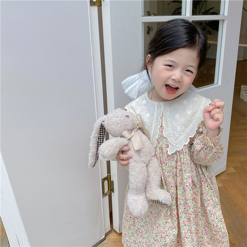 甜美公主風2022秋女童粉色碎花花邊大尖翻領棉布淑女連衣裙娃娃裙