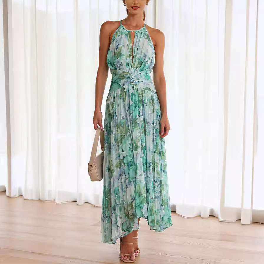 Cross-border Independent Station Amazon 2023 Summer Women's Hanging Neck Sleeveless V-Neck Printed Large Swing Dress