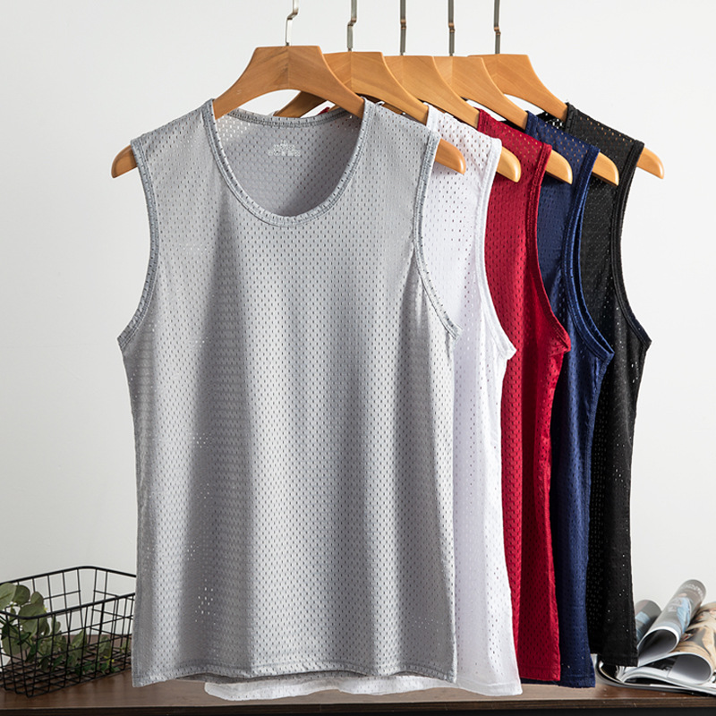 Men's Ice Silk mesh hollow-out cool vest men's summer thin vest slim fit sports breathable fitness bottoming shirt