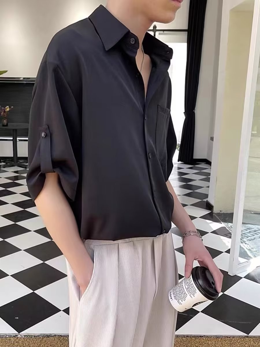 Shirt men's short-sleeved Korean-style trendy men's three-quarter sleeve shirt light mature style Ruan handsome summer ice silk high-grade top