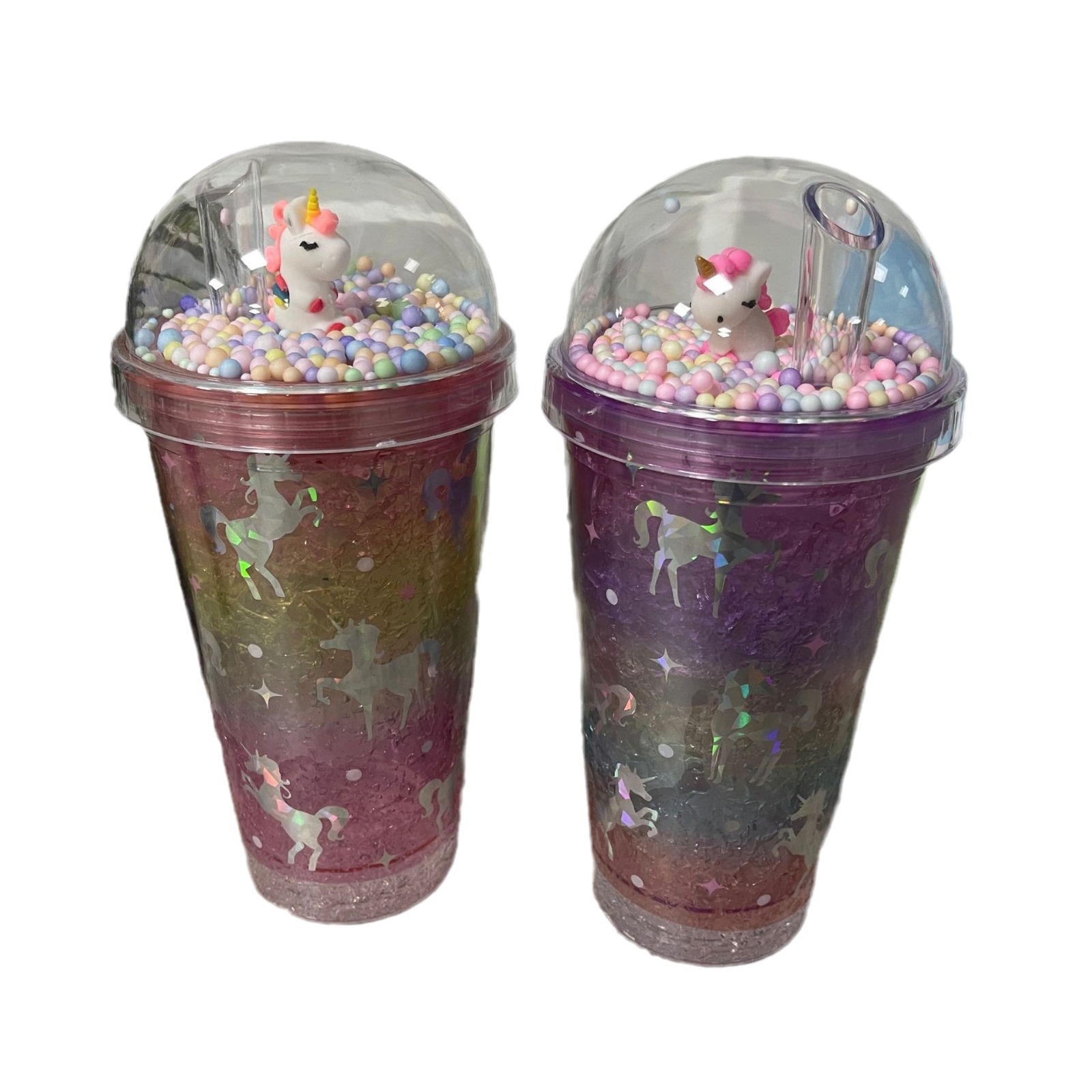 Cross-border new high-looking stitch cartoon plastic water cup straw Cup double-layer Cup sequin ice crushing Cup