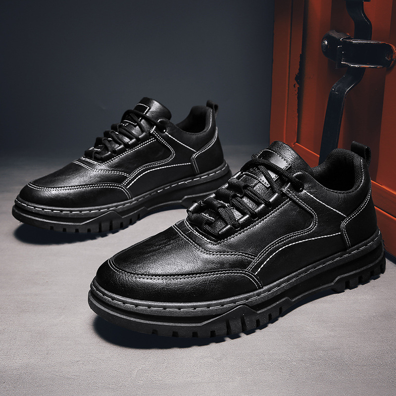Autumn New Men's Shoes Korean Style Men's Casual Board Shoes Black PU Leather Shoes Fashionable Student Sports Shoes Lace-up Trendy Shoes