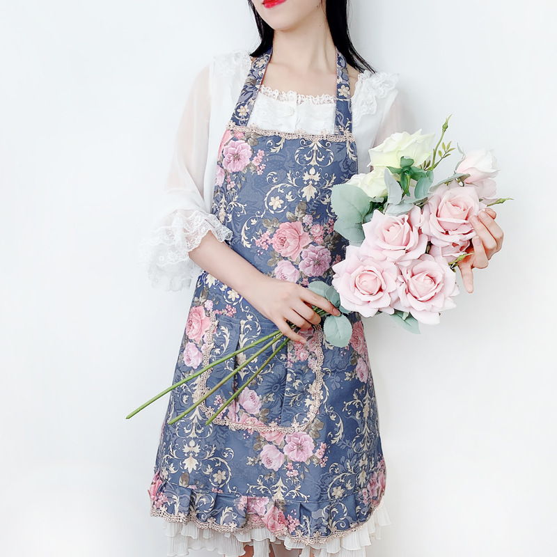 Women's Fashion Kitchen Korean-style Floral Apron Oil-proof Waterproof Cute Household 23 Cooking Western Style Pastoral Overalls