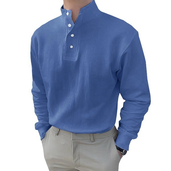2024 cross-border men's autumn solid color stand collar long sleeve shirt European and American casual men's T-shirt button half open pullover