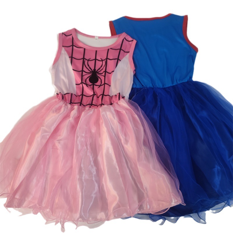 Summer Pink Spiderman Girls Dress + Mask Children Sleeveless Veil Mesh Spider Skirt Princess Dress