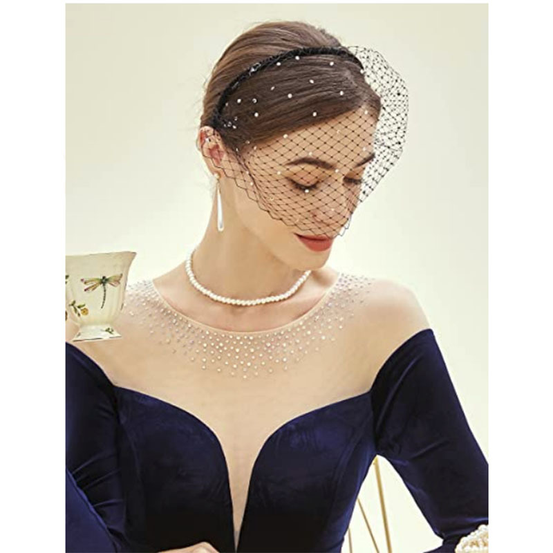 Vintage Amazon European and American Headband Bridal Tea Party Party Mesh Women's Hair Accessories Face Covering Rhinestone Pearl Headband