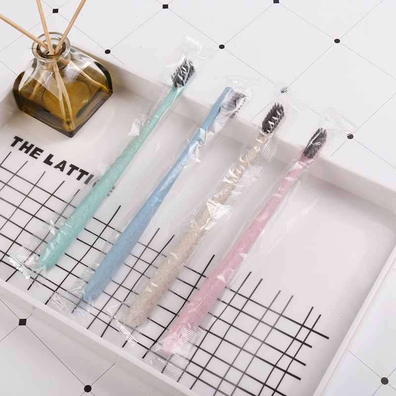 Household Wheat Straw Bamboo Charcoal Toothbrush Travel Convenient Bag Hotel Oral LOGO Printable Soft Hair Toothbrush