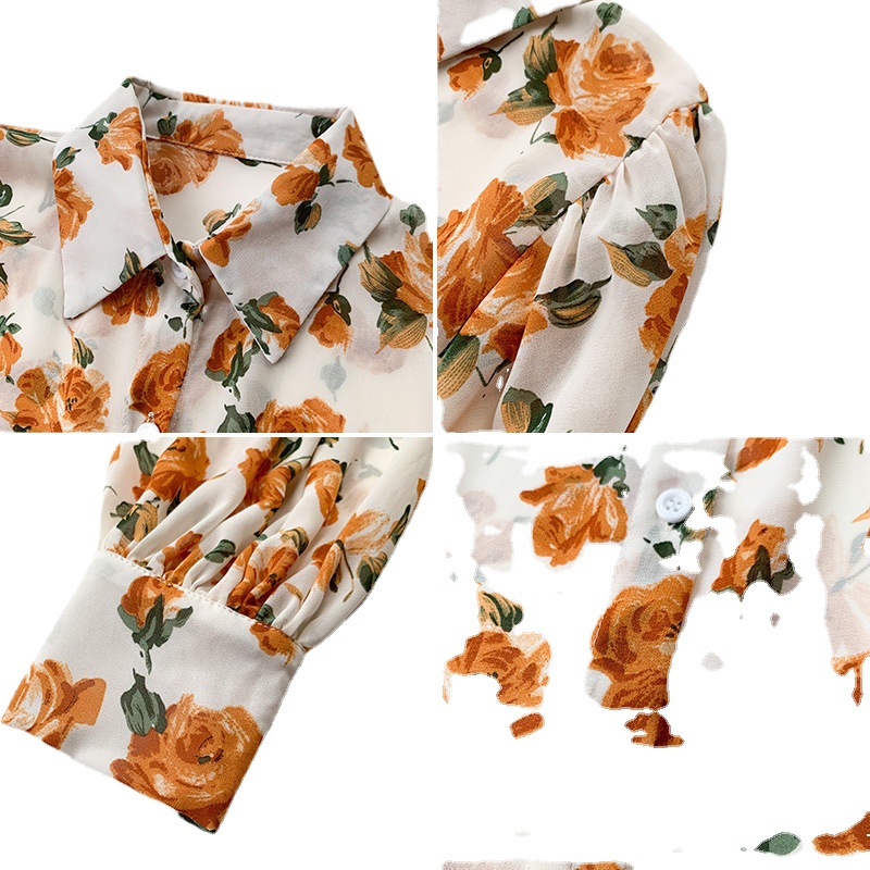 Floral Shirt Women's 2021 New Retro Loose Design Sense Top Long Sleeve Chiffon Shirt Base Shirt