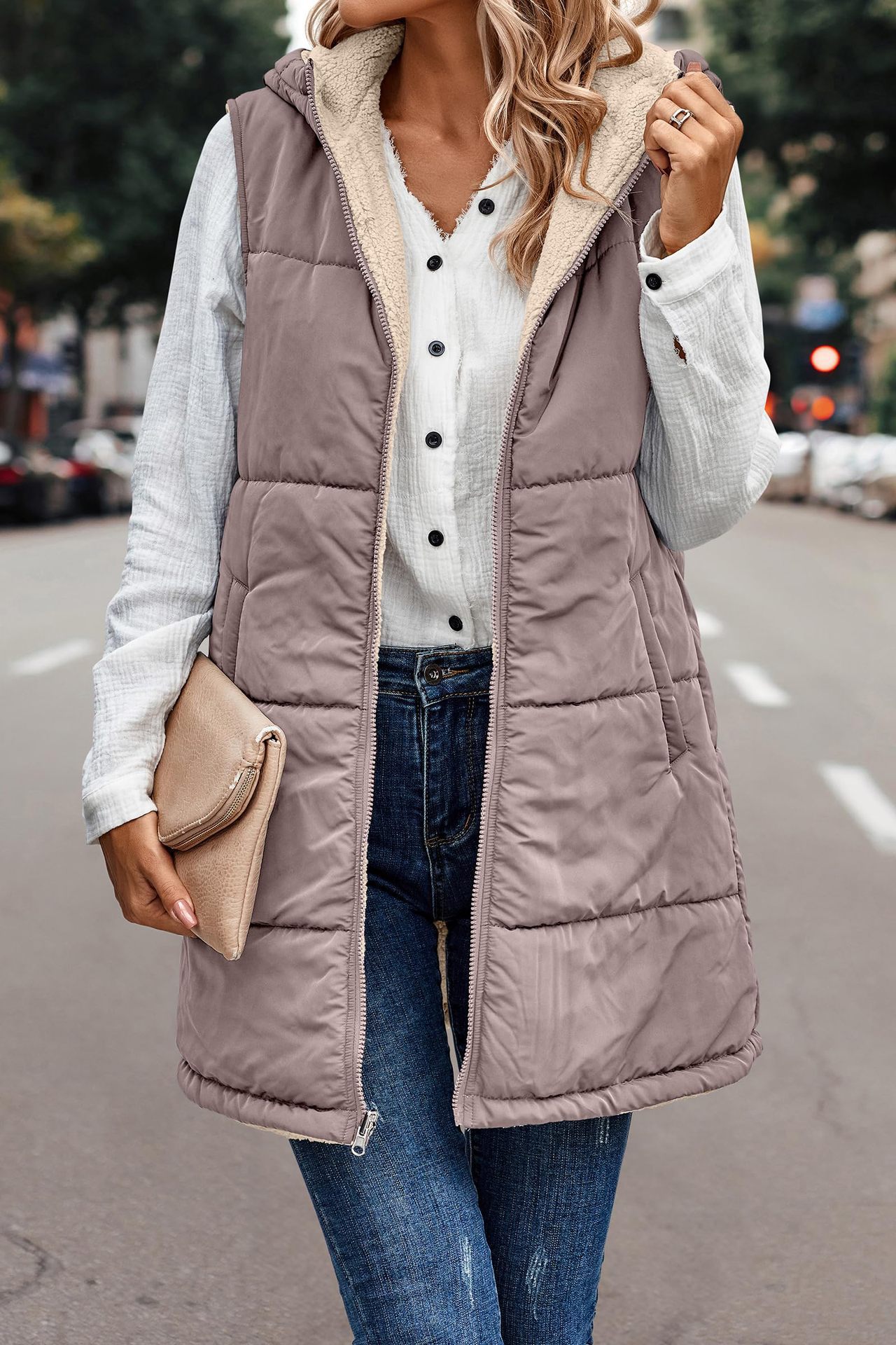 In stock 2023 new European and American solid color hooded cotton-padded vest double-sided warm cardigan windproof coat_voghion.com