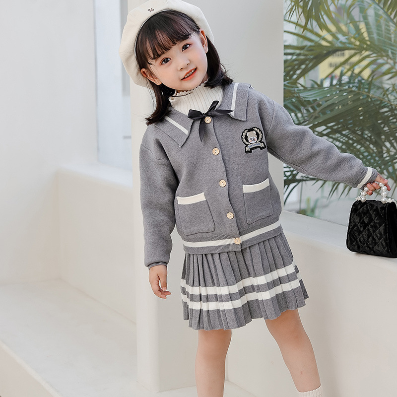 Autumn and Winter Girls Korean Knitted jk College Style Cute Bear Embroidered Long Sleeve Cardigan Pleated Skirt Two-piece Set