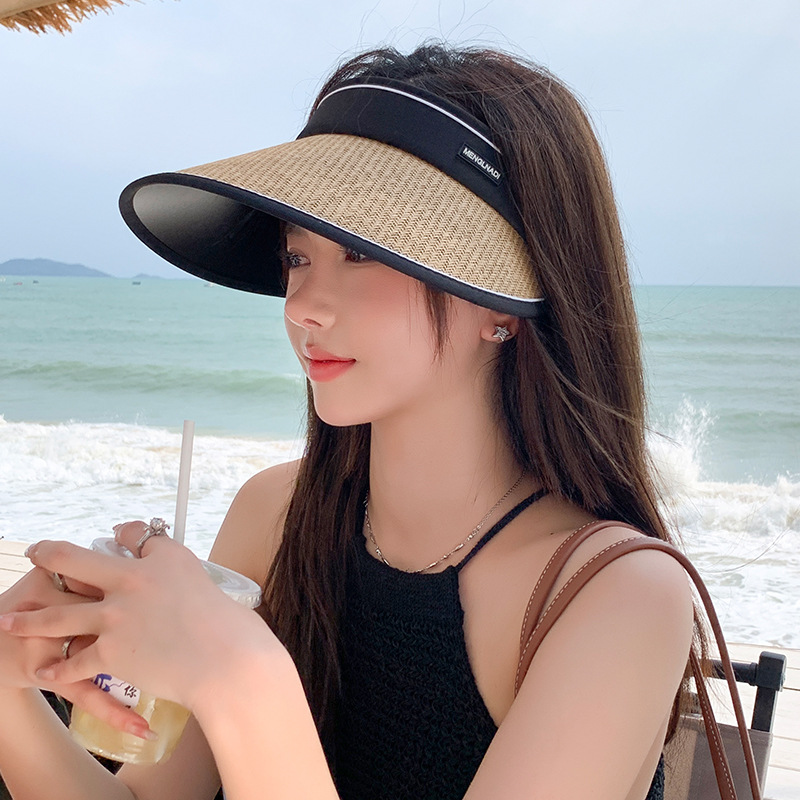 UV straw top hat women's summer foldable sun hat without top peaked straw hat black glue sun-proof sun-proof hat