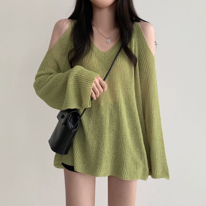 South Korea chic elegant V-neck off-shoulder loose lazy versatile casual sun protection solid color long sleeve sweater women's top_voghion.com