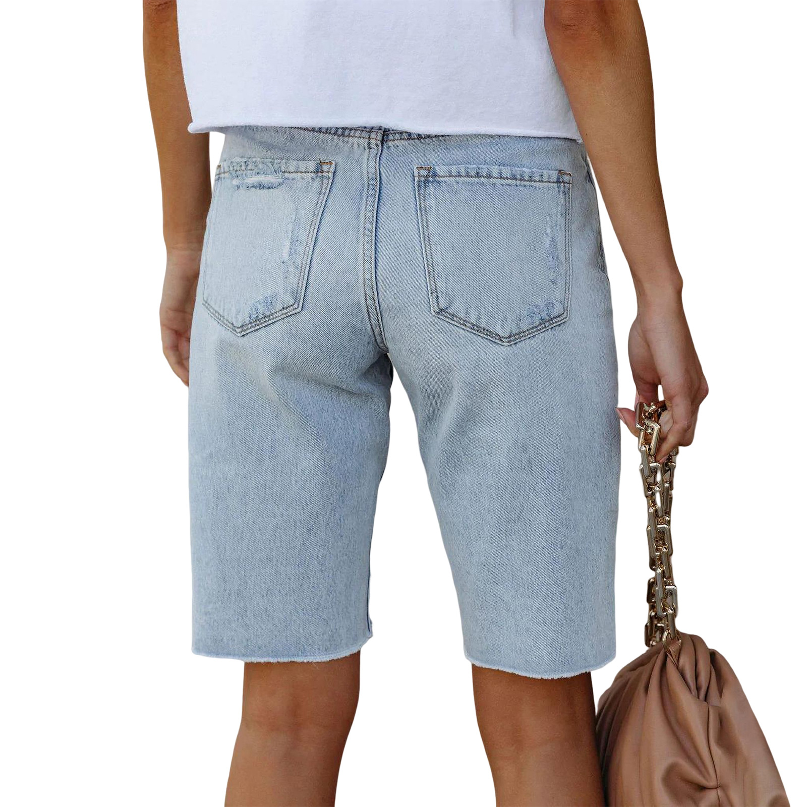 2023 New Cross-border Europe and the United States Summer High Elastic Leg Pants Mid-waist Five-point Pants Ripped Jeans Women's Super Hot
