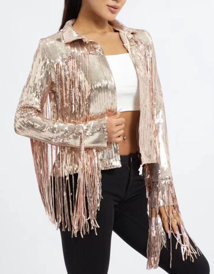 Cross-border women's clothing 2024 European and American sequins tassel coat star with beaded coat performance clothing with lining
