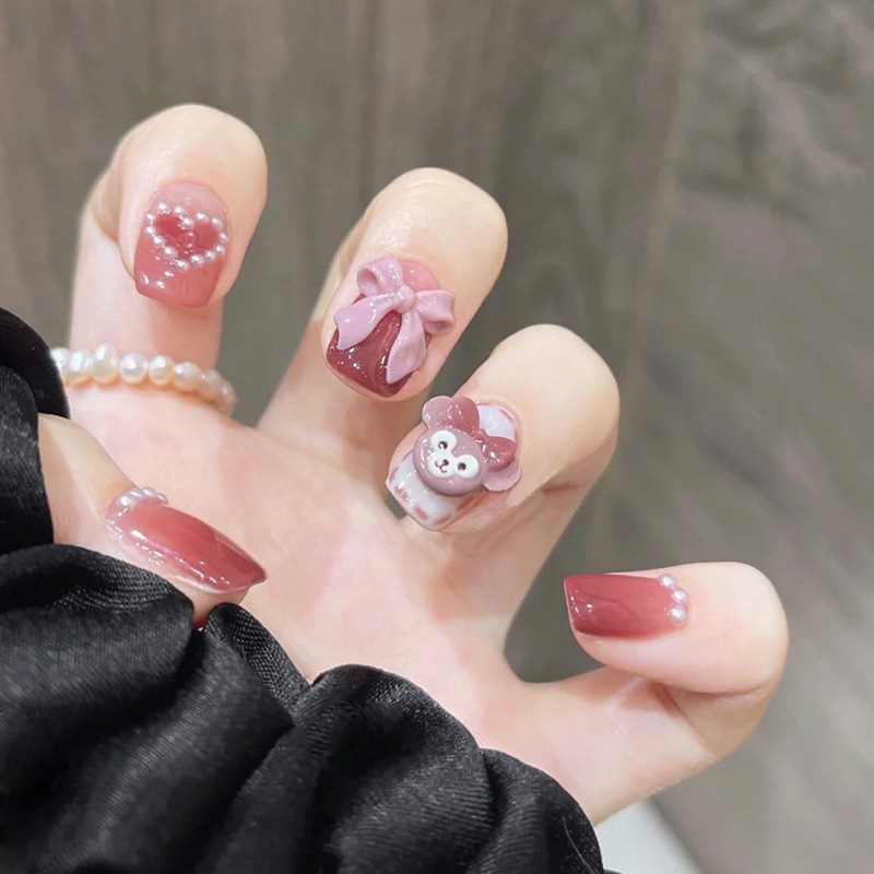 Nail Patch Nail Patch Cute Short Removable Fake Nail Patch Peach Heart Bow Nail Patch