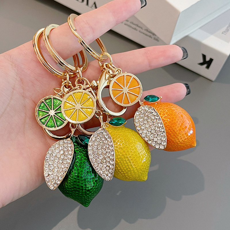 Creative simulation fruit cute rhinestone small lemon car key chain Women's bag pendant key chain cartoon gift