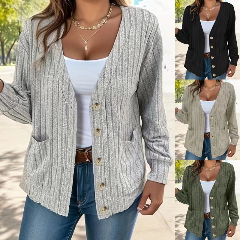 Fall/Winter 2023 European and American cross-border new TEMU women's clothing Amazon solid color button V-neck loose long-sleeved cardigan for women