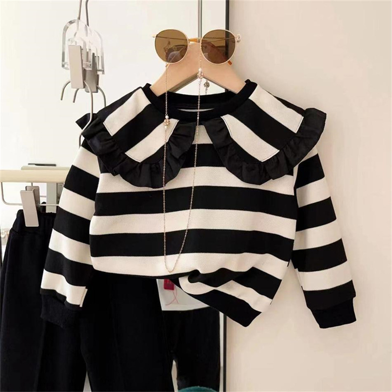 Girls' Autumn Wear Lapel Top Set 2023 New Internet Popular Children's Striped Sweatshirt Flared Pants Baby Two-Piece Set