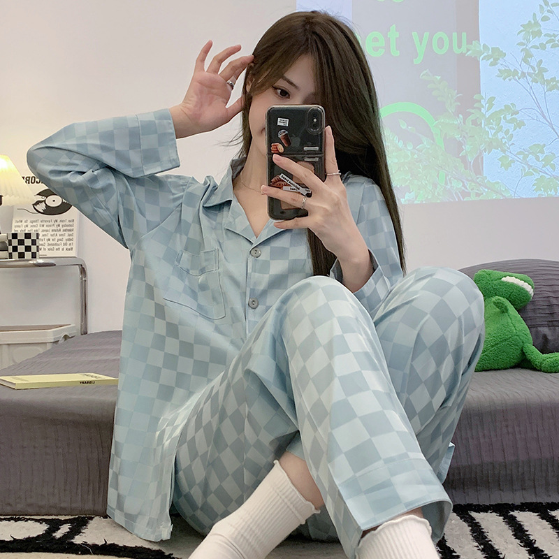 Spring and Autumn Pajamas Women's Summer Ice Silk Long Sleeve Suit Style Student ins Sexy Large Size Thin Silk Home Clothes