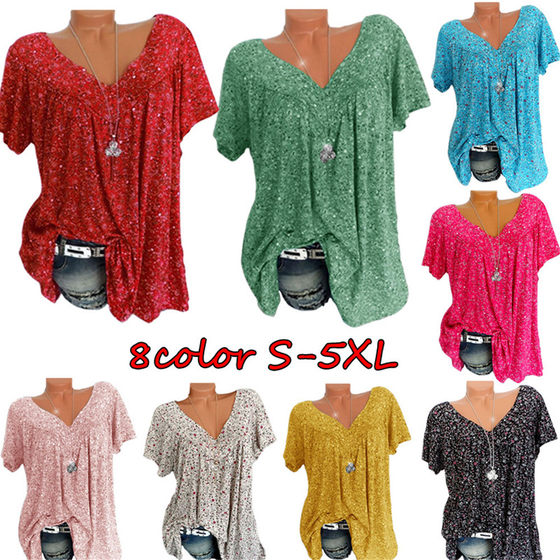 New Cross-border European and American Women's 2022 Summer Wish Amazon ebayV Collar Loose Short-sleeved Printed T-shirt