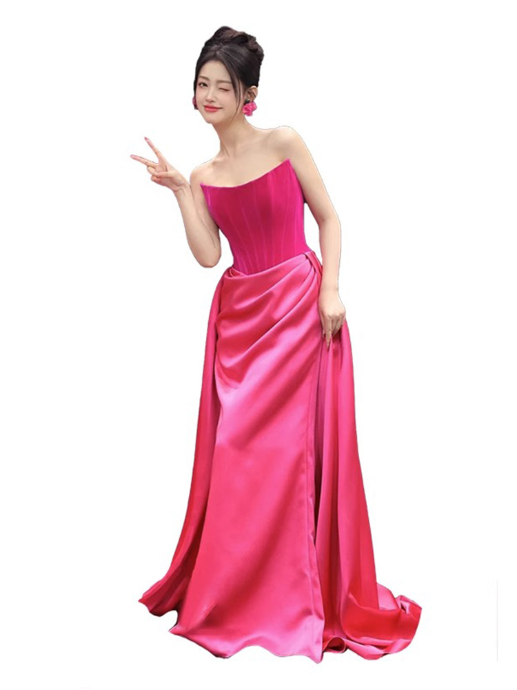 Toast dress bride Rose Red French tube top high-grade wedding party evening dress small trailing morning gown morning gown for winter