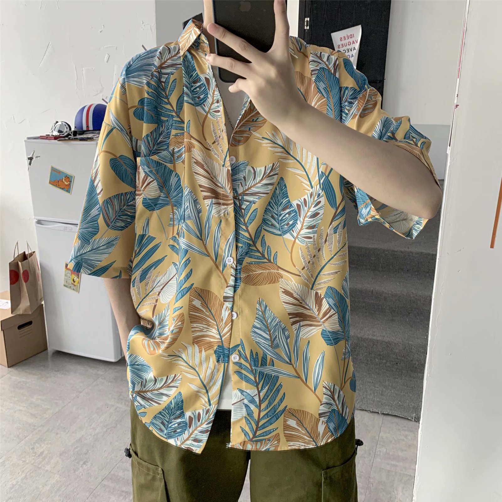 ulzzang Hawaiian men's floral shirt Hong Kong style vintage Beach seaside floral couple's floral shirt short sleeve men
