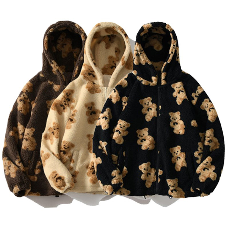 Autumn and Winter Women's Hooded Thickened Casual Sweater Cartoon Bear Zipper Pocket Plush Sweater Women's Spot