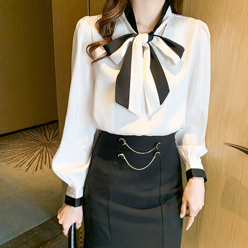 Bow professional shirt women's long sleeve 2023 early autumn new top design niche spring and autumn chiffon shirt
