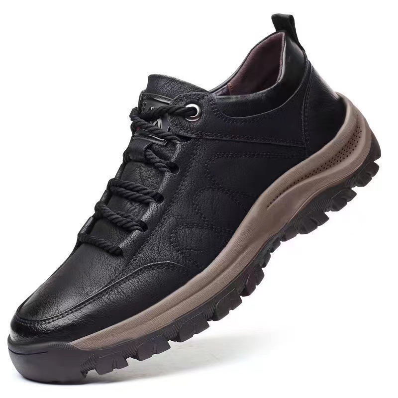 Leather Mountaineering Sneakers 2024 Low-top Lace-up Casual Leather Shoes Outdoor Round Toe Hiking Men's Shoes Thick Sole Tooling Shoes