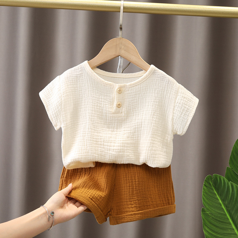 ins Summer Simple Japanese and Korean Style Baby Cotton Yarn Lightweight Breathable Set Boys' Baby 2-Piece Set Children's Wear Loose