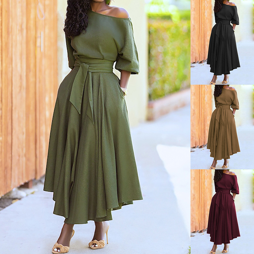 2024 foreign trade AliExpress wish Amazon European and American women's middle east strap waist temperament solid color dress