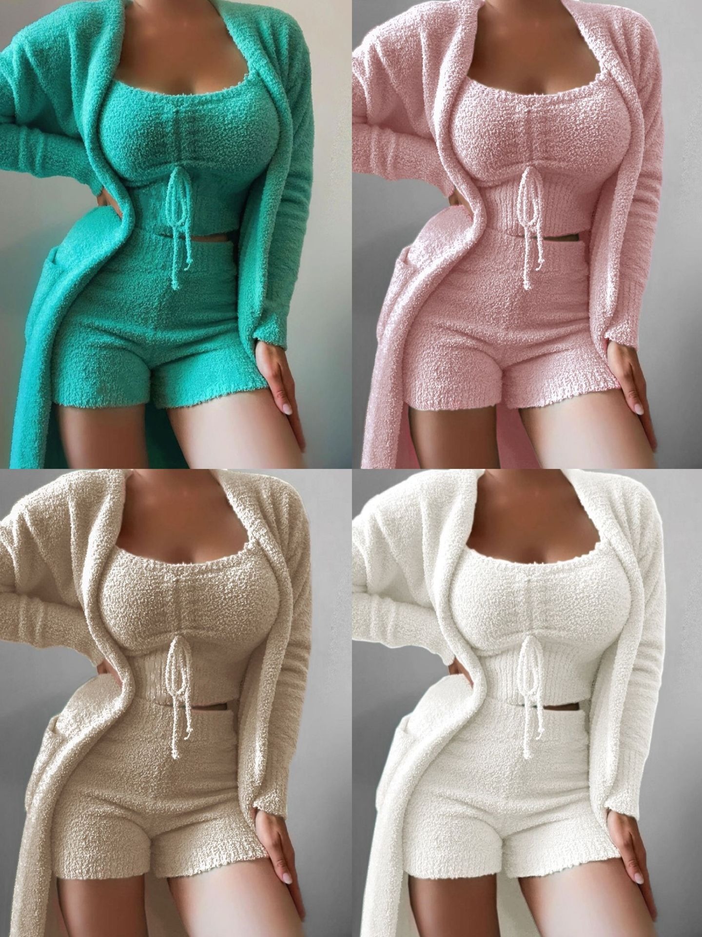 2024 new cross-border women's plush three-piece lace-up pajamas set casual suit home clothes a generation of hair