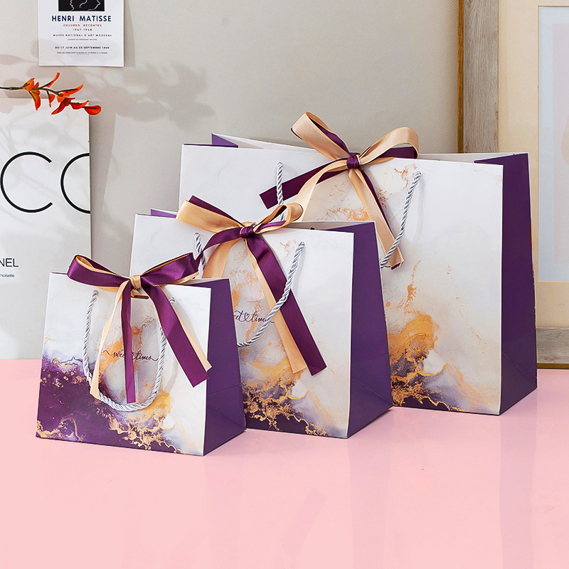 In stock purple marbling gift bag high-grade hand gift bag holiday handbag clothing bag foreign trade paper bag