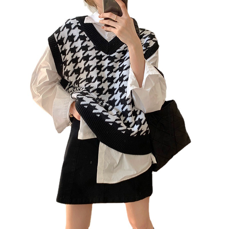 Hahnentritt-Weste Strickpullover 2022 Damen Herbst Neue koreanische lose Oberbekleidung Pullover Pullover Top_voghion.com
